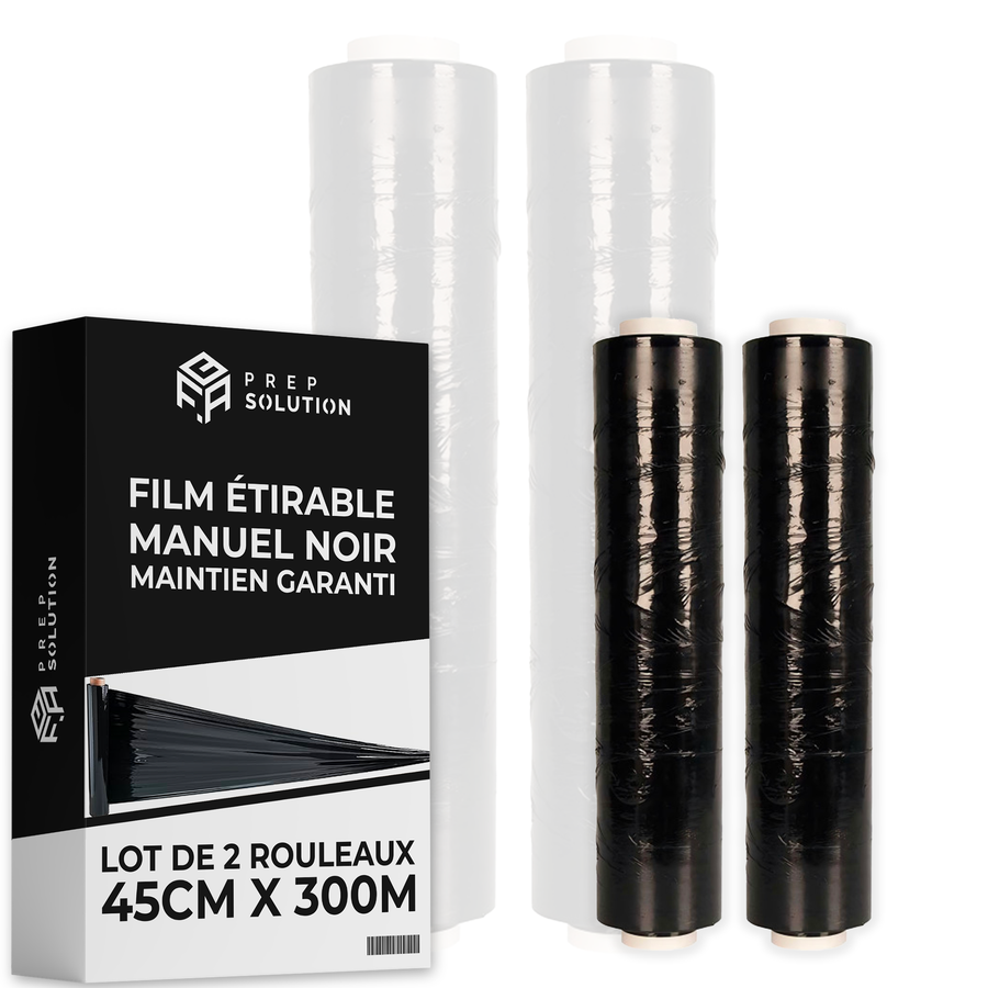 LOT DE 2 FILMS ÉTIRABLES MANUELS NOIRS - 15µ / 45 CM / 300 M