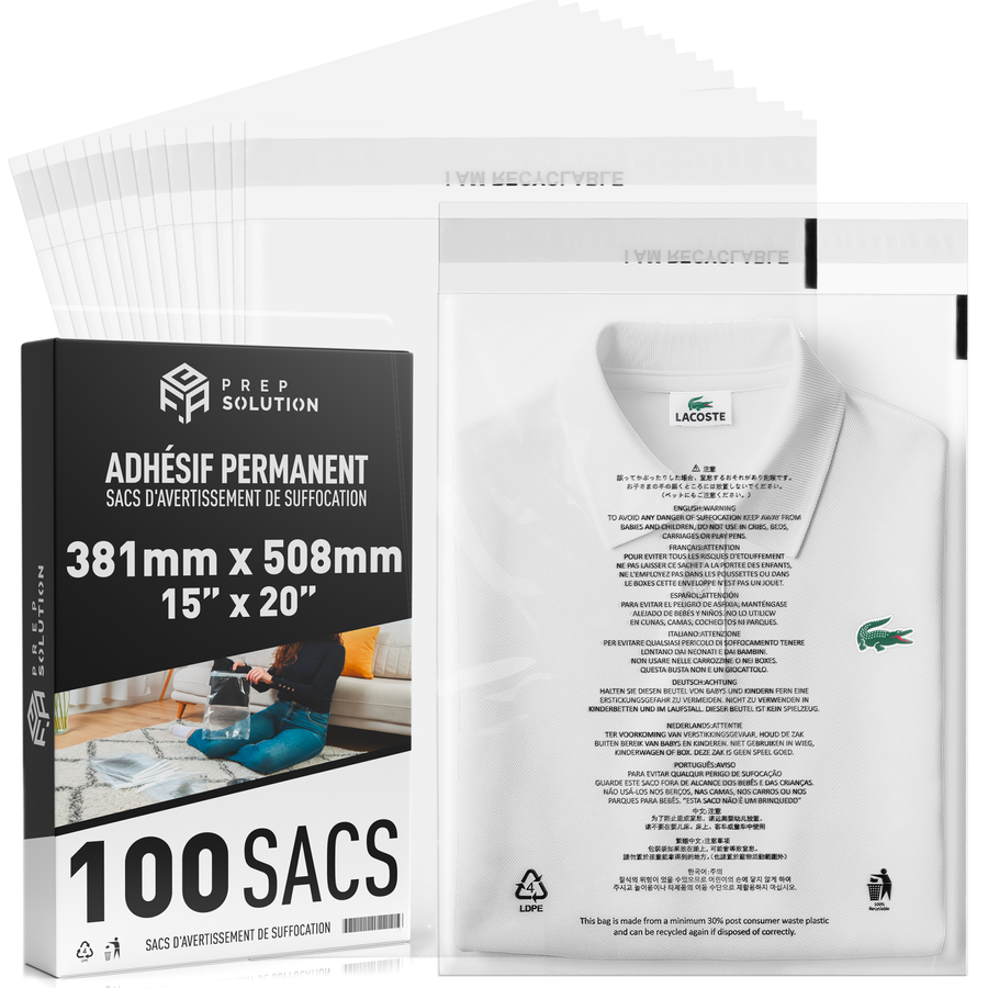 Sachets Plastique Transparents pour emballage Amazon FBA - Lot de 100 | Fermeture Adhésive & Avertissement de Suffocation Multilingue