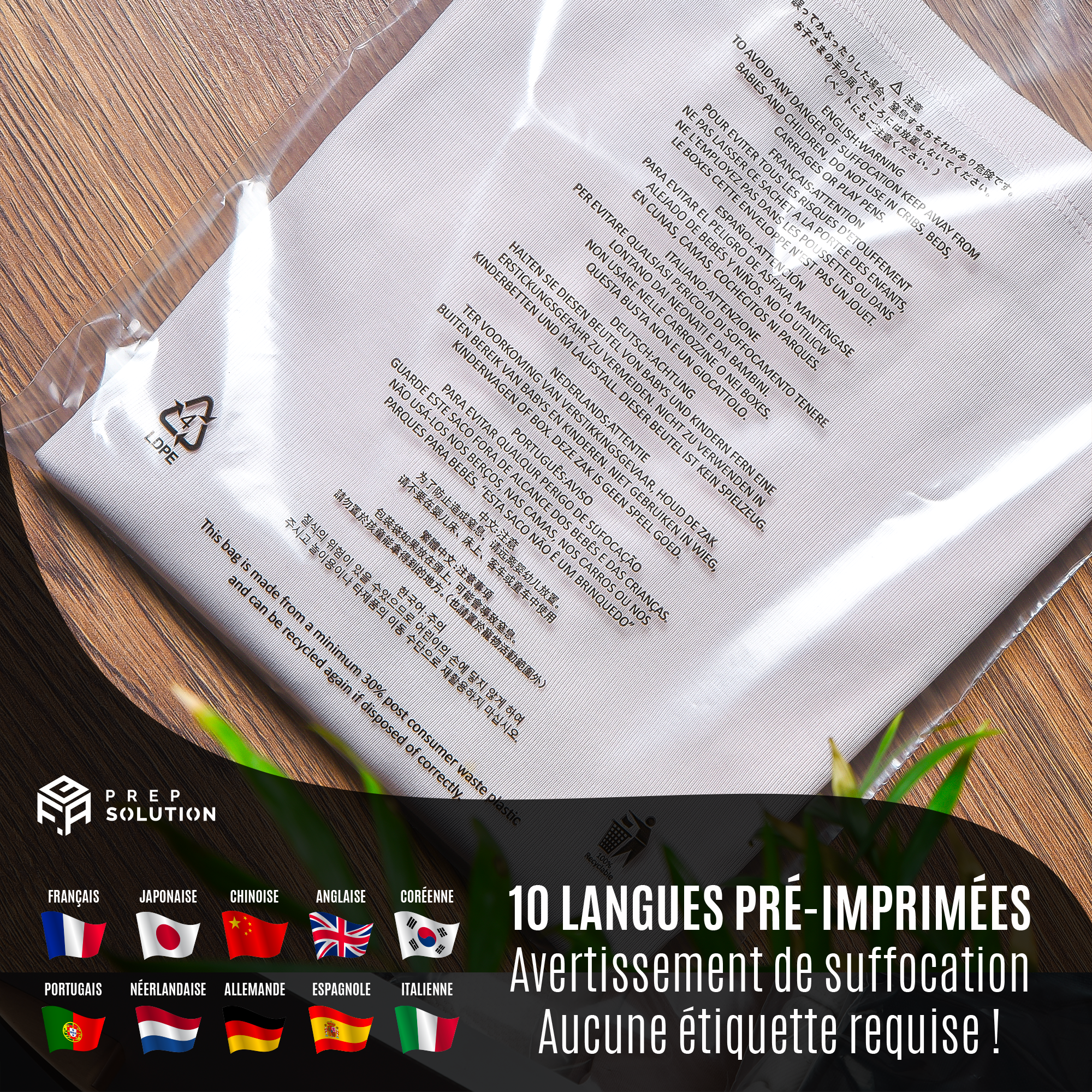 Sachets Plastique Transparents pour emballage Amazon FBA – Lot de 100 | Fermeture Adhésive & Avertissement de Suffocation Multilingue