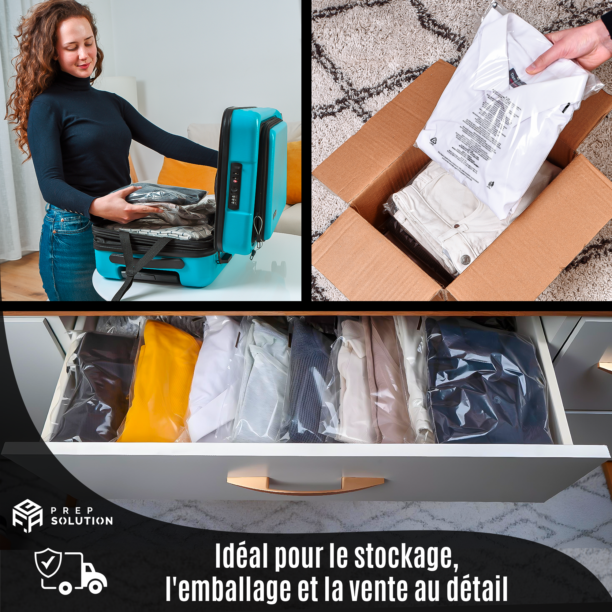 Sachets Plastique Transparents pour emballage Amazon FBA – Lot de 100 | Fermeture Adhésive & Avertissement de Suffocation Multilingue