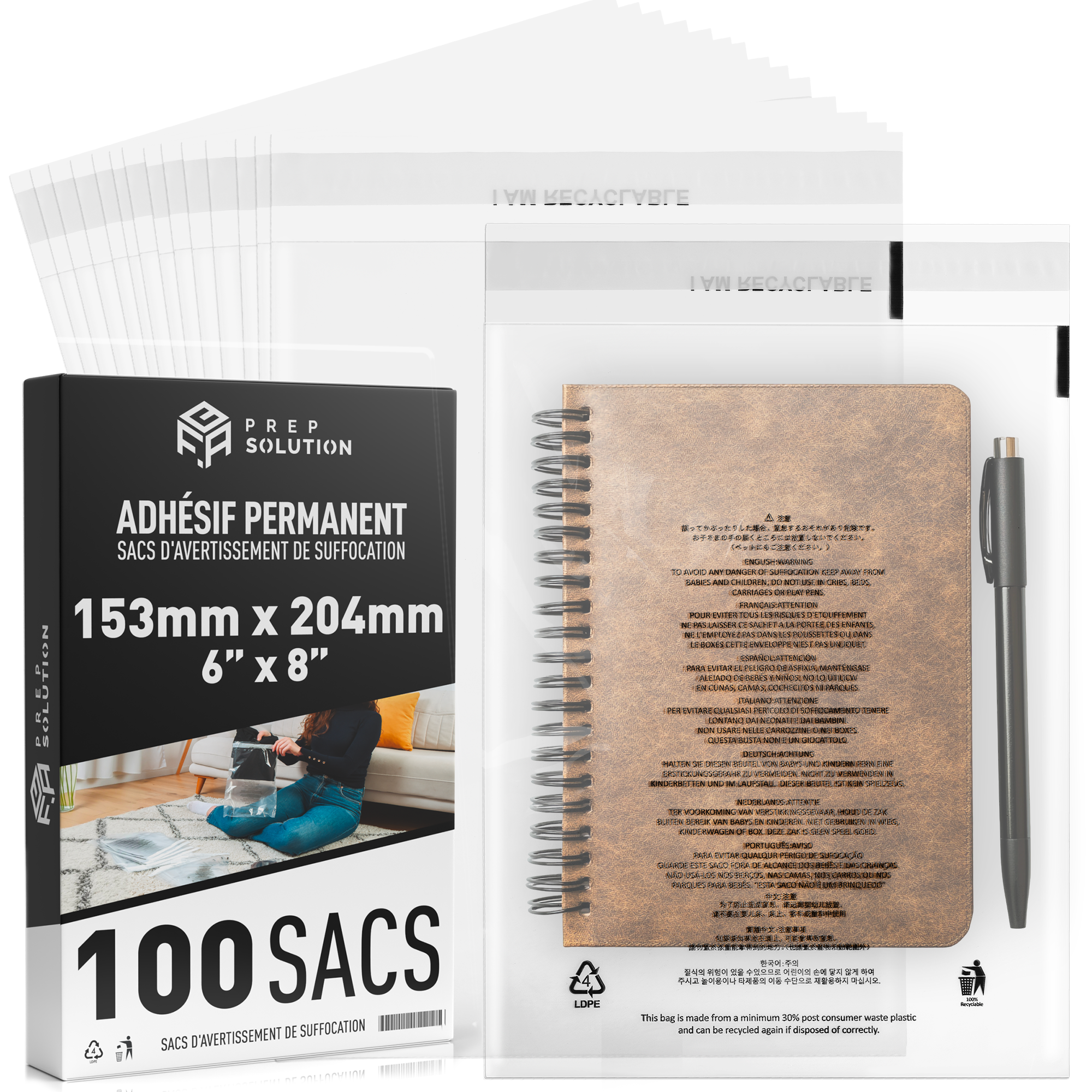 Sachets Plastique Transparents pour emballage Amazon FBA – Lot de 100 | Fermeture Adhésive & Avertissement de Suffocation Multilingue