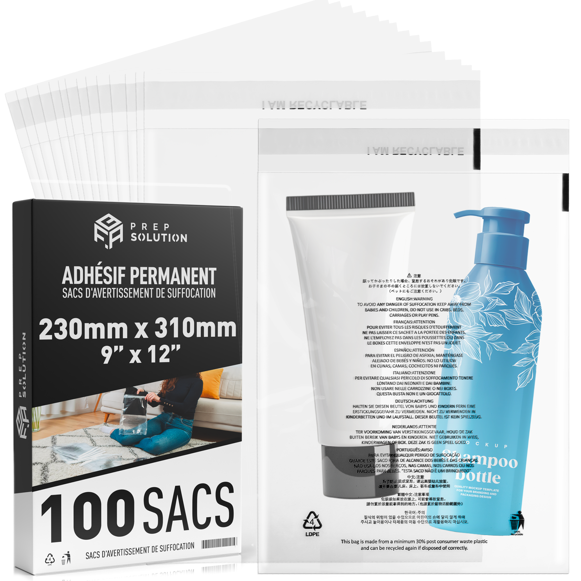 Sachets Plastique Transparents pour emballage Amazon FBA – Lot de 100 | Fermeture Adhésive & Avertissement de Suffocation Multilingue
