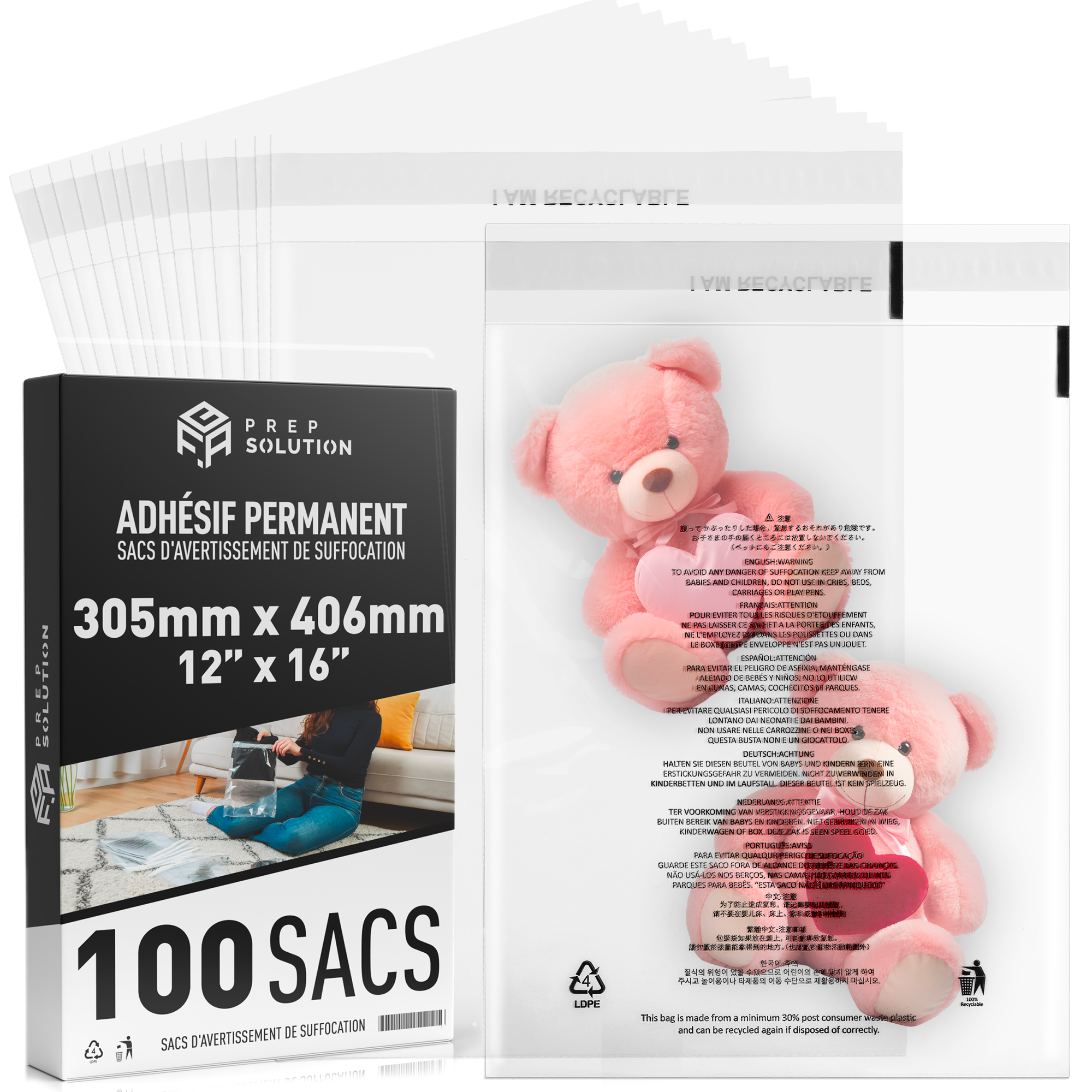 Sachets Plastique Transparents pour emballage Amazon FBA – Lot de 100 | Fermeture Adhésive & Avertissement de Suffocation Multilingue