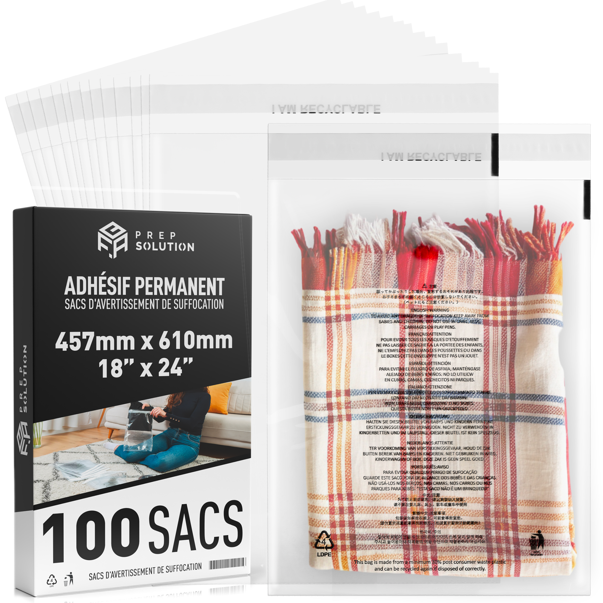 Sachets Plastique Transparents pour emballage Amazon FBA – Lot de 100 | Fermeture Adhésive & Avertissement de Suffocation Multilingue